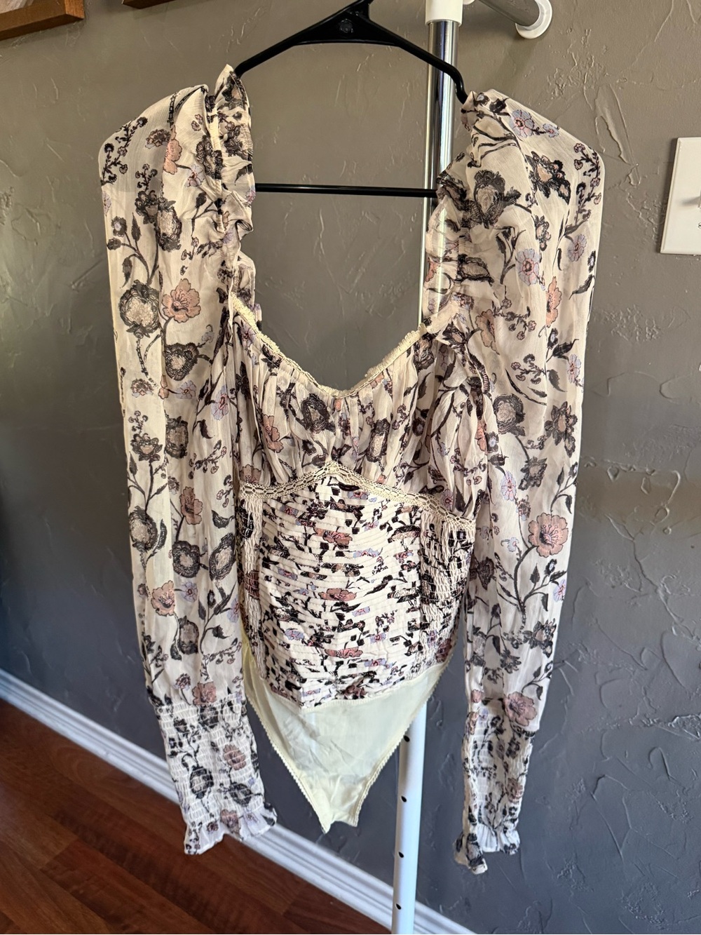 Free People Ivory Floral Long-Sleeve Smocked Bodysuit